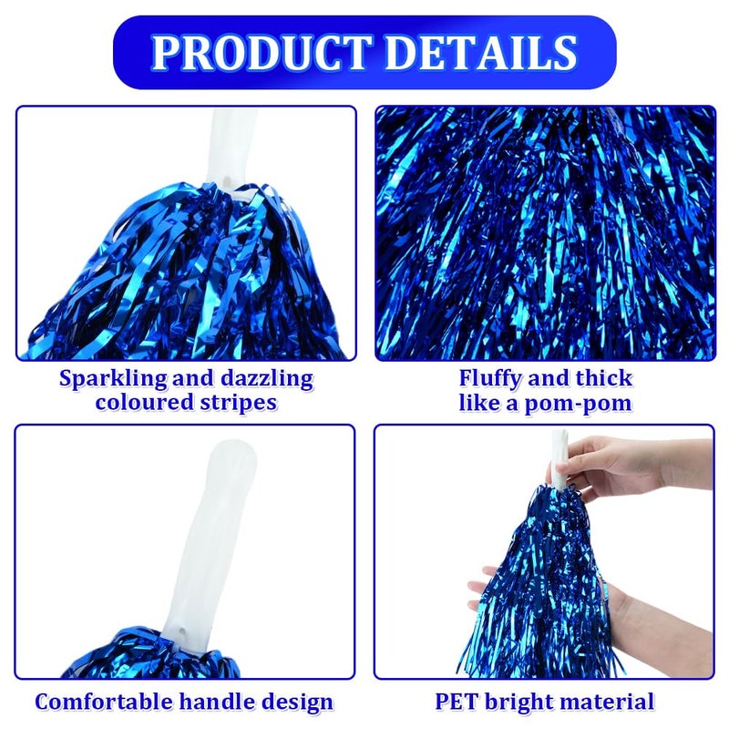CUGBO 24Pcs Cheerleading Pom Poms, 1 Dozen Handle Metallic Foil Flower Ribbons Cheerleader Pompoms, Kids Children Ball Dance Sports Coaches Game Party Fancy (Blue) - Image 3